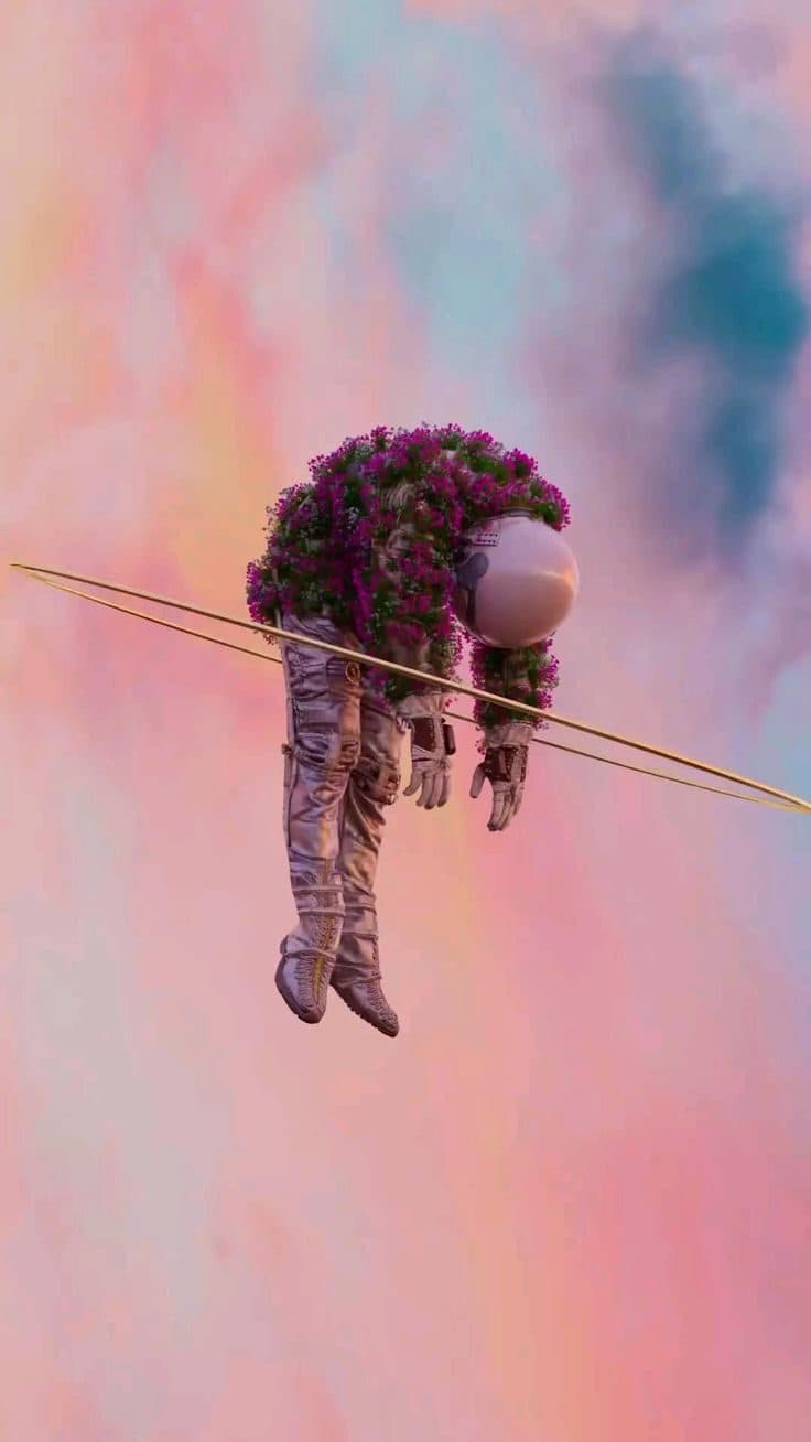 Surreal artwork of a figure suspended in mid-air
