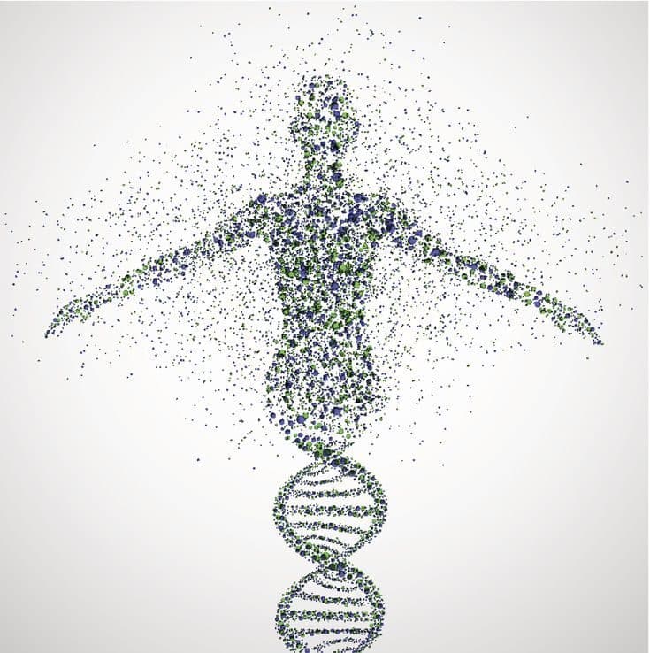 Human figure rendered as a constellation of particles above a DNA helix