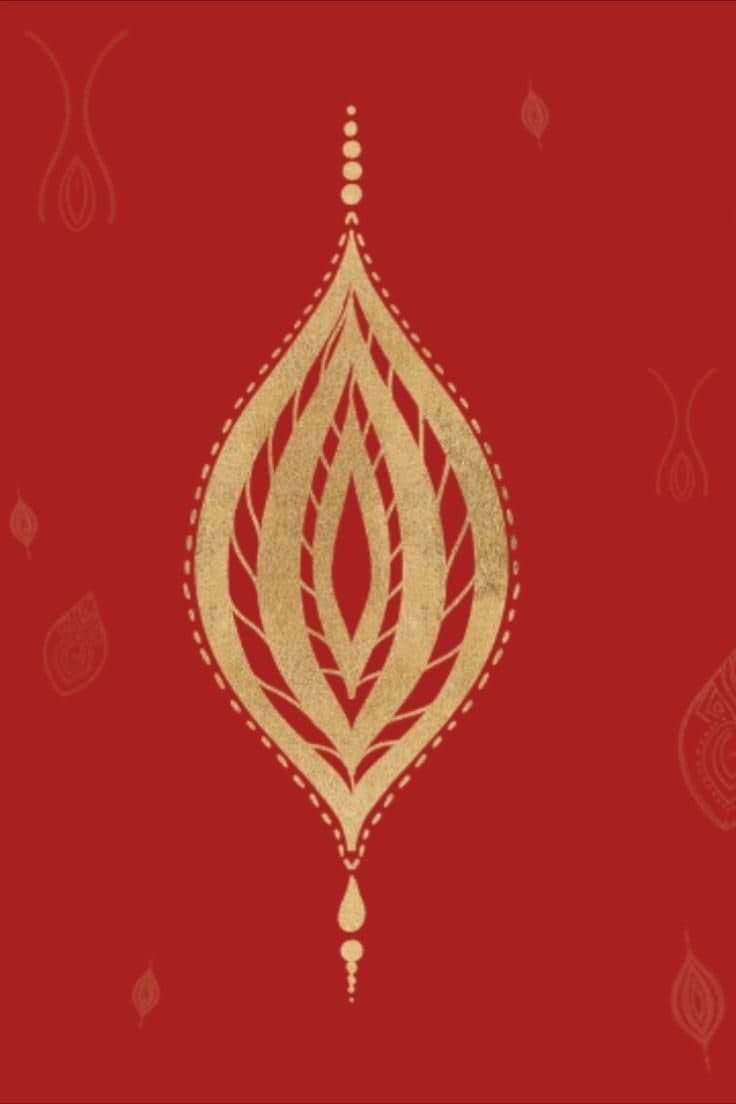 Gold seed-and-flame motif on a deep red ground