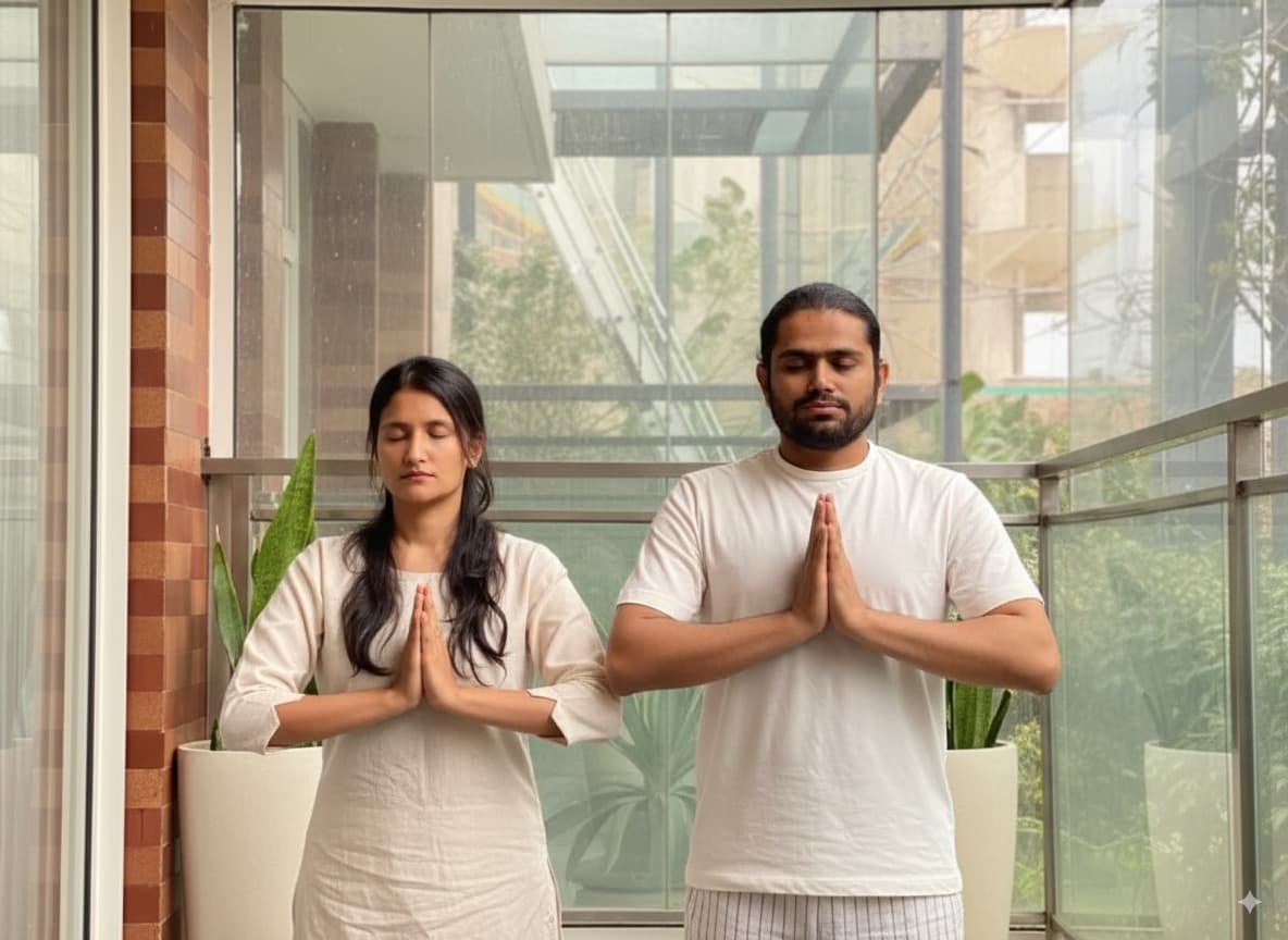 Yogacharya Manish and Yogini Pooja standing in namaste in a light, plant-filled space