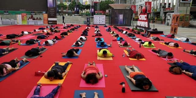 Hundreds of practitioners on mats at a Yogic Company event