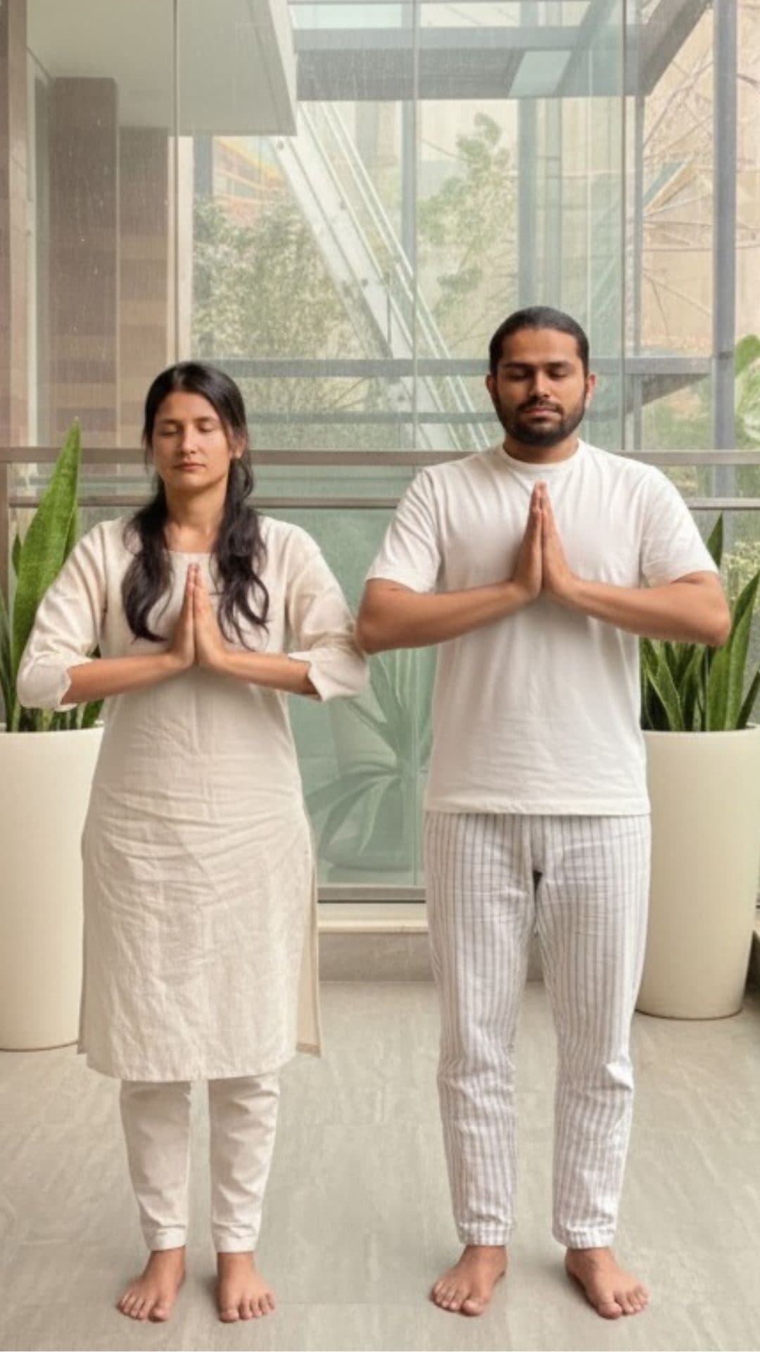 Yogacharya Manish and Yogini Pooja standing in namaste